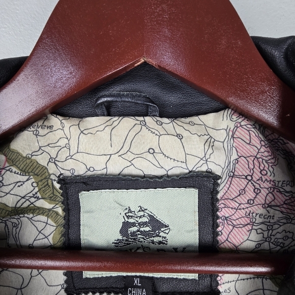 BURKS BAY Genuine Leather Bomber Jacket Map Print inside Embroidered Black Wm XL - Picture 7 of 16